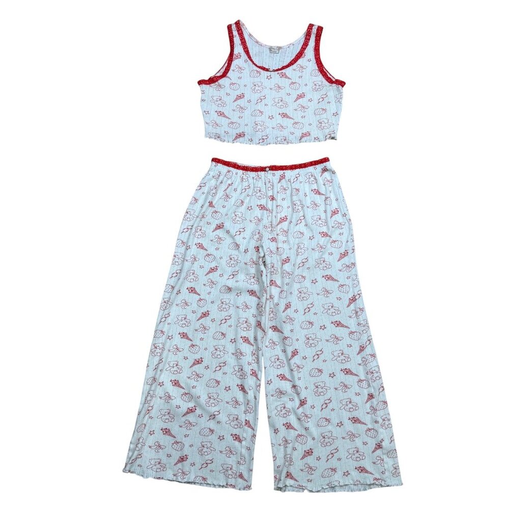 Messy Bun Just Chillin Pajama Set Pointelle Rosette Wide Leg Large